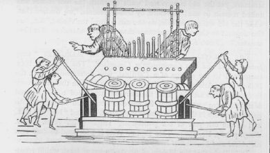 The above engraving represents the appearance and the working of an organ of 1240. It is taken from the "Psalter of Edwin" in the Cambridge Library.
